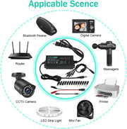 Universal Power Supply 3V~24V 3A 72W Adjustable Variable 3V 5V 9V 12V 18V 20V 24V AC/DC Adapter Charger, 100V-240V AC to DC Converter with 14 Tips, Polarity Converter and 4-Way Power Splitter Cable
