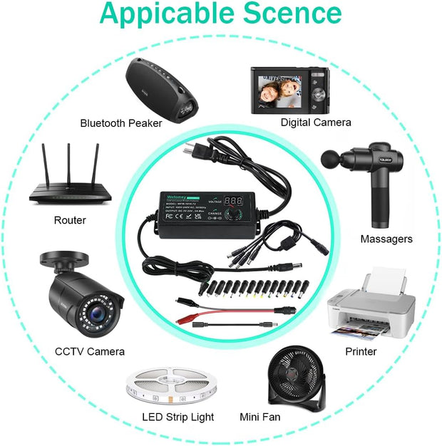 Universal Power Supply 3V~24V 3A 72W Adjustable Variable 3V 5V 9V 12V 18V 20V 24V AC/DC Adapter Charger, 100V-240V AC to DC Converter with 14 Tips, Polarity Converter and 4-Way Power Splitter Cable