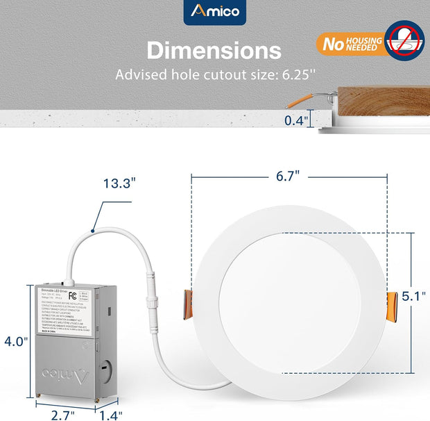 12 Pack 6 Inch 5CCT Ultra-Thin LED Recessed Ceiling Light with Junction Box, 1050LM Brightness, Dimmable Canless Wafer Downlight, 12W, ETL&FCC