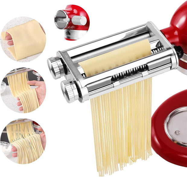 Pasta Maker Attachment 3 in 1 Set for Kitchenaid Mixers plus Hub Knob Screw Accessory Included Dough Sheet Roller, Spaghetti & Fettuccine Cutters and Cleaning Brush