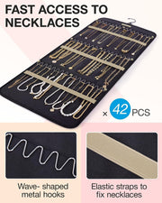 Hanging Jewelry Organizer Storage Roll with Hanger Metal Hooks Double-Sided Jewelry Holder for Earrings, Necklaces, Rings on Closet, Wall, Door, 1 Piece, Large, Black