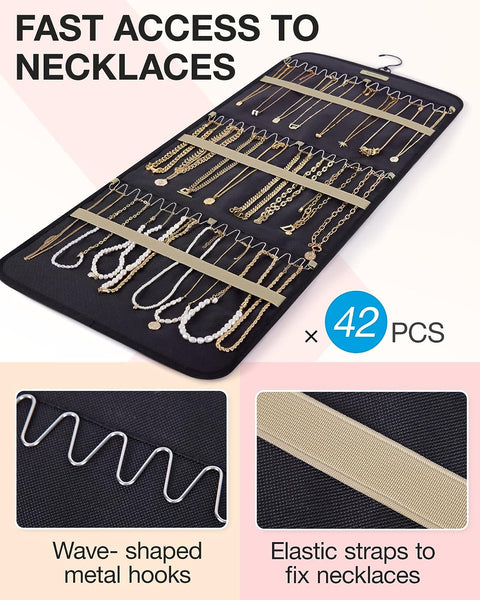Hanging Jewelry Organizer Storage Roll with Hanger Metal Hooks Double-Sided Jewelry Holder for Earrings, Necklaces, Rings on Closet, Wall, Door, 1 Piece, Large, Black