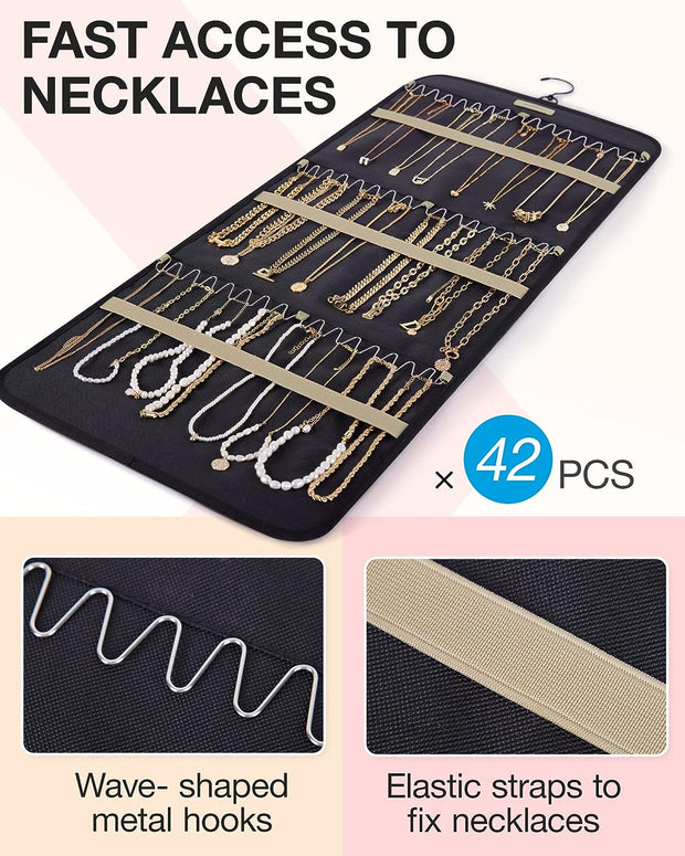 Hanging Jewelry Organizer Storage Roll with Hanger Metal Hooks Double-Sided Jewelry Holder for Earrings, Necklaces, Rings on Closet, Wall, Door, 1 Piece, Large, Black