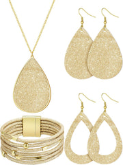 4 Pieces Women'S Glitter Jewelry Set Bridal Wedding Multi-Layer Bracelet Faux Leather Dangle Earrings Necklace