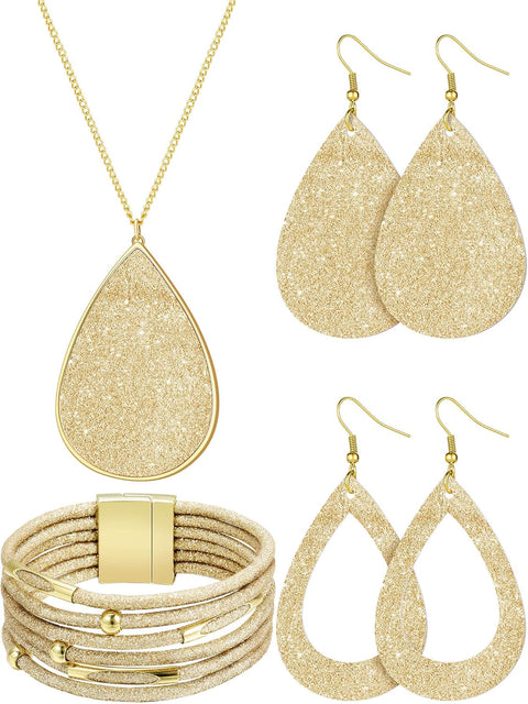 4 Pieces Women'S Glitter Jewelry Set Bridal Wedding Multi-Layer Bracelet Faux Leather Dangle Earrings Necklace