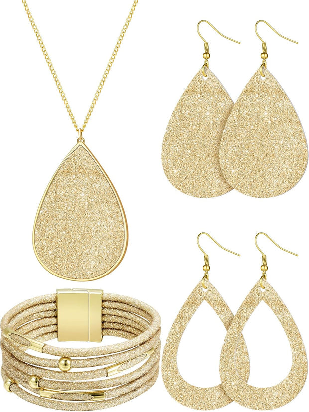 4 Pieces Women'S Glitter Jewelry Set Bridal Wedding Multi-Layer Bracelet Faux Leather Dangle Earrings Necklace