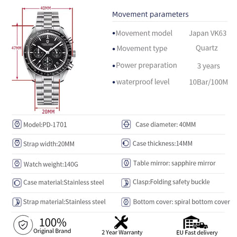 2024 New V5 PD1701 Men'S Watches Luxury Quartz Watch Men Sport Speed Chronograph AR Sapphire Glass 100M Waterproof