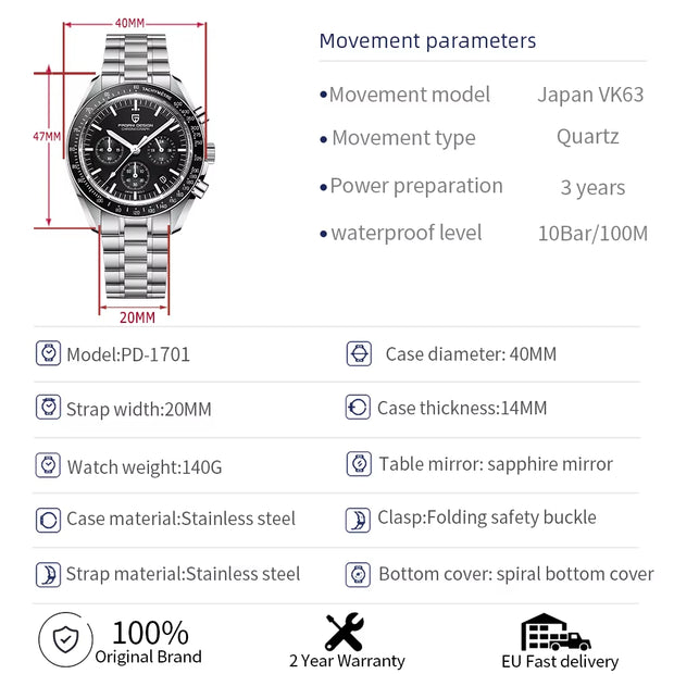 2024 New V5 PD1701 Men'S Watches Luxury Quartz Watch Men Sport Speed Chronograph AR Sapphire Glass 100M Waterproof