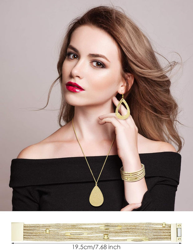 4 Pieces Women'S Glitter Jewelry Set Bridal Wedding Multi-Layer Bracelet Faux Leather Dangle Earrings Necklace