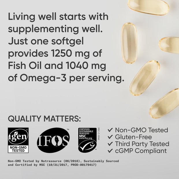 Triple Strength Omega 3 Fish Oil - Burpless Fish Oil Supplement W/Epa & DHA Fatty Acids from Single-Source Wild Alaskan Pollock - 1250 Mg, 180 Ct