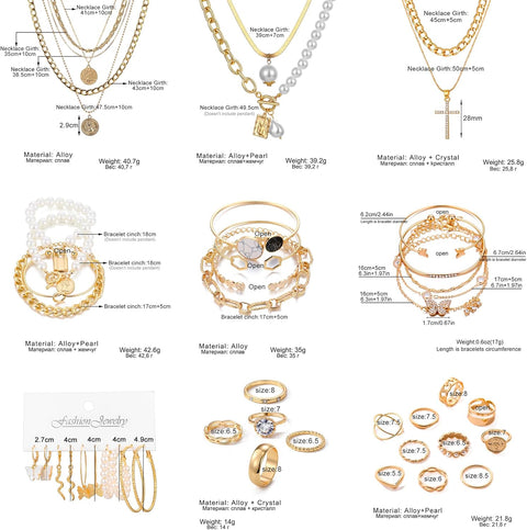 Gold Plated Jewelry Set for Women with Multi Layered Necklaces, Stackable Bracelets, Knuckle Rings, Hoop Earrings Sets, Fashion Outfit Accessories Jewelry Packs, Gifts for Women