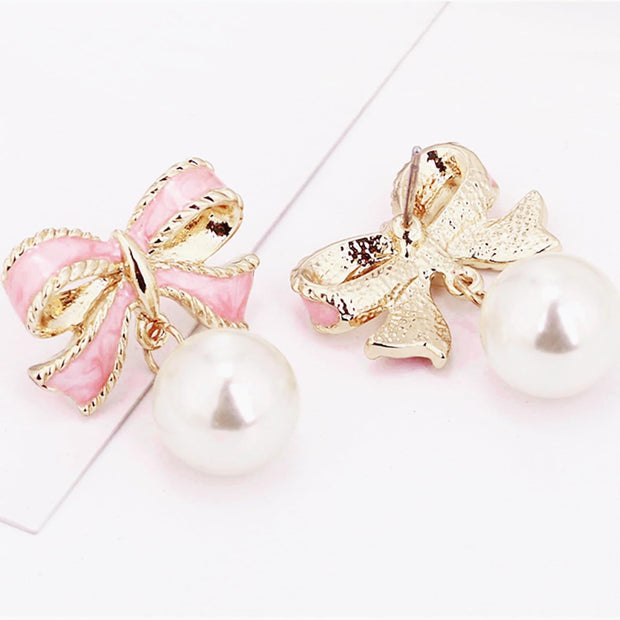 Gold Pearl Bow Earrings for Women Trendy Pink Coquette Drop Stud Ribbon Silver Earrings Dangle Jewelry - Unique Gifts for Wife Preppy Cute Teen Accessories 2025