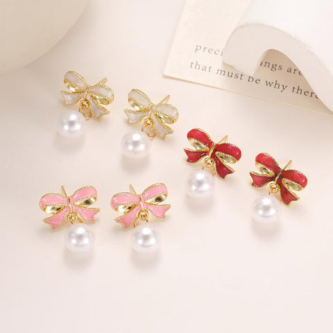 Gold Pearl Bow Earrings for Women Trendy Pink Coquette Drop Stud Ribbon Silver Earrings Dangle Jewelry - Unique Gifts for Wife Preppy Cute Teen Accessories 2025