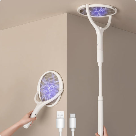 Rotating Head Electric Fly Swatter Racket Rechargeable Bug Zapper Racket Bug Zapper Indoor Fly Zapper Mosquito Zapper Flies Killer for Indoors, with a Telescopic Extension