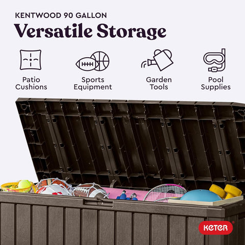 Kentwood 92 Gallon Resin Deck Box-Organization and Storage for Patio Storage Box Outdoor Cushions, Throw Pillows, Garden Tools and Pool Floats, Brown