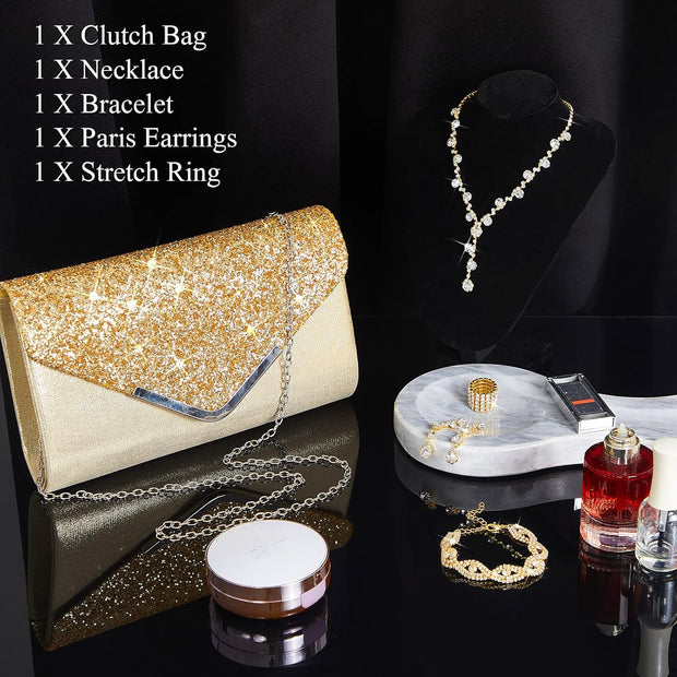 5 Pcs Purse Rhinestone Jewelry Set Prom Jewelry Rhinestone Clutch Purse Necklace Earrings Bracelets for Women Bride