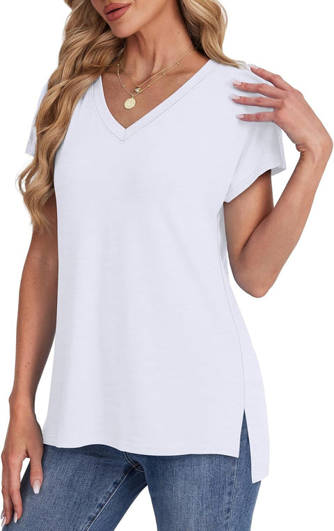 Womens Tops Basic Summer V Neck T Shirts Short Sleeve Dressy Casual Loose Fit Cute Tee Clothes Trendy Fashion Outfits
