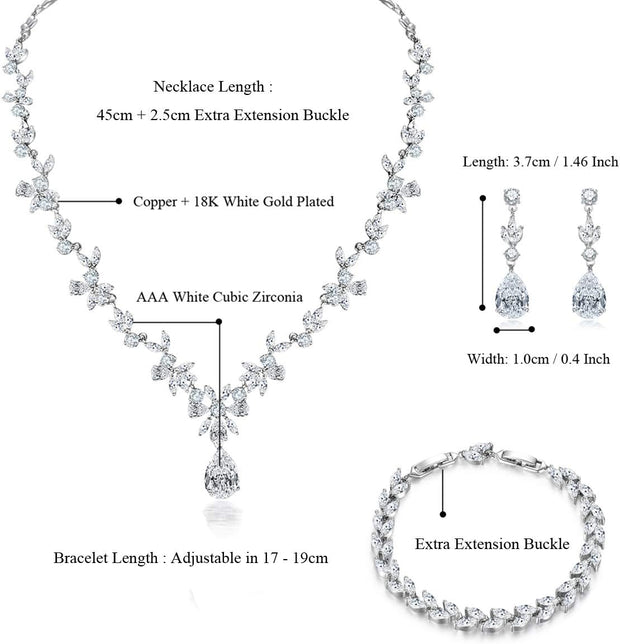 Jewelry Set for Women, Necklace Dangle Earrings Bracelet Set with White AAA Cubic Zirconia, Allergy Free Wedding Party Jewelry for Bridal Bridesmaid