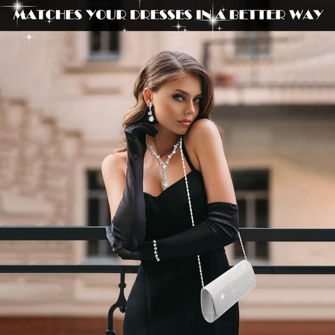 4 Pcs Silver Clutch Purse Jewelry Set for Women Evening Rhinestone Purse Silver Accessories for Women Bride Wedding Jewelry
