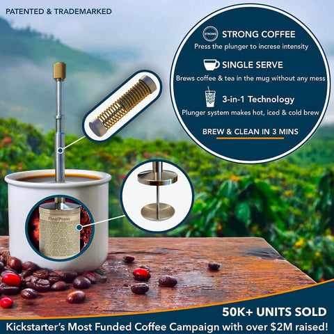 Original Coffee & Tea Maker – Portable Stainless Steel Micro French Press – Patented 3-In-1 Technology for Hot, Iced & Cold Brew – Perfect for Home, Camping & Travel (UPGRADED V2)