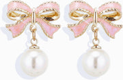 Gold Pearl Bow Earrings for Women Trendy Pink Coquette Drop Stud Ribbon Silver Earrings Dangle Jewelry - Unique Gifts for Wife Preppy Cute Teen Accessories 2025