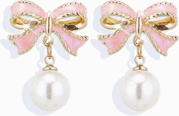 Gold Pearl Bow Earrings for Women Trendy Pink Coquette Drop Stud Ribbon Silver Earrings Dangle Jewelry - Unique Gifts for Wife Preppy Cute Teen Accessories 2025