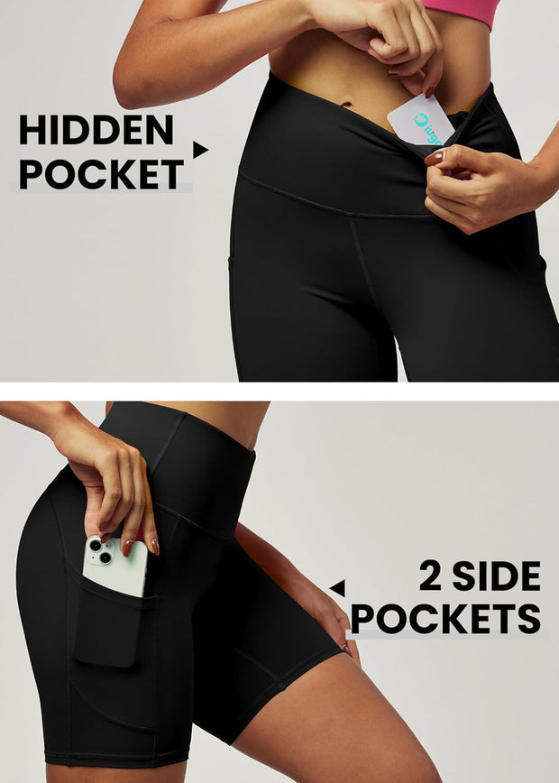 Biker Shorts Women 6" Tummy Control Workout Shorts Women with Pockets High Waisted Yoga Running Gym Spandex Compression