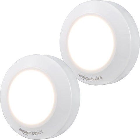 LED Puck Lights, Battery Operated, 50 Lumens 2 Pack, Tap Light, Stick on Lights, under Cabinet Lighting, Ideal for Kitchen Cabinets, Closets, Garage and More, White