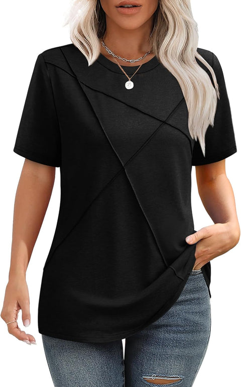 Womens Summer Tops 2025 Pleated round Neck Short Sleeve Shirts Business Casual