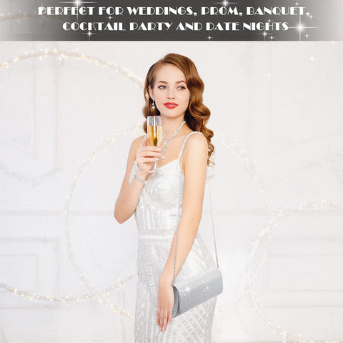 4 Pcs Silver Clutch Purse Jewelry Set for Women Evening Rhinestone Purse Silver Accessories for Women Bride Wedding Jewelry