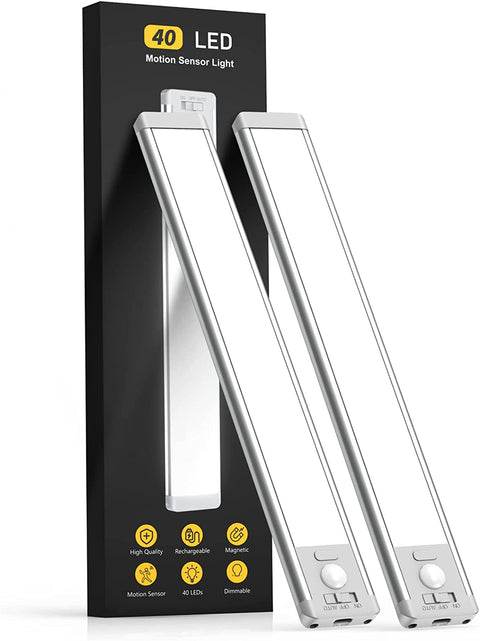Under Cabinet Lighting,40 LED Rechargeable Battery Operated Motion Sensor Light Indoor, 2 Pack Magnetic Dimmable Closet Lights, Wireless under Counter Lights for Kitchen, Stairs