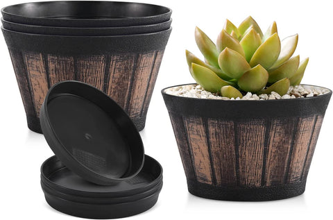 6 Inch Brown Barrel Planters with Drainage Holes & Saucer, Set of 4, Indoor & Outdoor Garden Home Plants