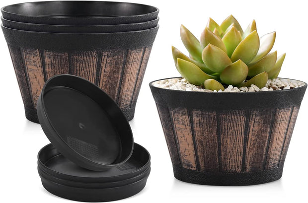 6 Inch Brown Barrel Planters with Drainage Holes & Saucer, Set of 4, Indoor & Outdoor Garden Home Plants