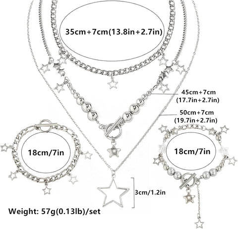 2 Pieces Silver Star Necklace Y2K Jewelry Set Grunge Necklace Kawaii Cute Necklaces Aesthetic Vintage Emo Jewelry
