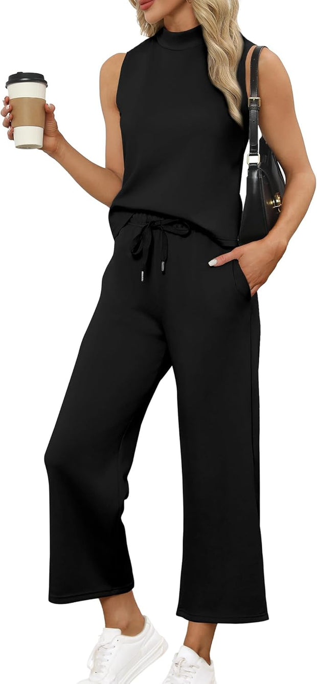 Two Piece Sets for Women Summer Outfits Lounge Sets Mock Neck Tops Wide Leg Crop Pants Vacation Travel Outfits