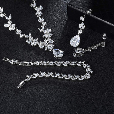 Jewelry Set for Women, Necklace Dangle Earrings Bracelet Set with White AAA Cubic Zirconia, Allergy Free Wedding Party Jewelry for Bridal Bridesmaid