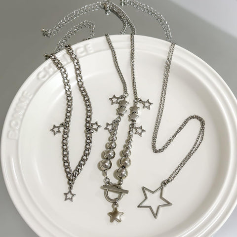 2 Pieces Silver Star Necklace Y2K Jewelry Set Grunge Necklace Kawaii Cute Necklaces Aesthetic Vintage Emo Jewelry