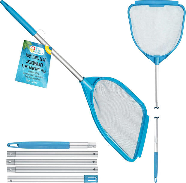 Pool and Spa Skimmer Net with Pole, Handheld Fine Mesh Pool Skimmer Net - Hand Held Spa, Hot Tub, Pond Cleaning - Step-Up 32" to 5 Feet Long, Leaf Netting, Scoop Skim Leaves & Debris