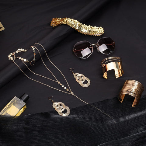 6 Pieces 70S Gold Disco Accessories Set for Women 1970S Disco Costume Accessory Dangle Earrings Layered Necklace Bangle Bracelets Diamond Glasses Sequin Headband for Party Halloween Cosplay