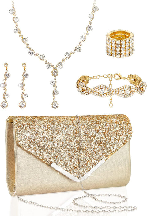 5 Pcs Purse Rhinestone Jewelry Set Prom Jewelry Rhinestone Clutch Purse Necklace Earrings Bracelets for Women Bride