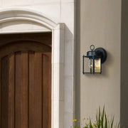 Preston Outdoor Light Fixture, 8 Inch, Exterior Wall Mount Lantern Sconce, Clear Glass Porch Lights for Front Door, Patio, and House Garage, Black, 1161-BK