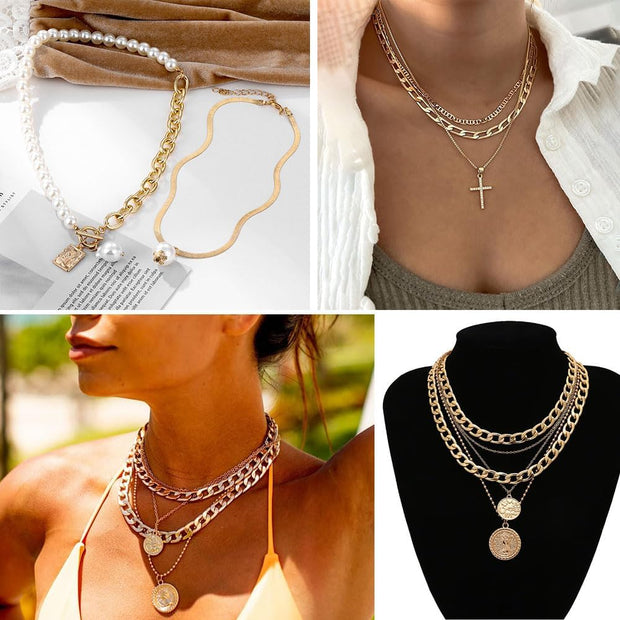 Gold Plated Jewelry Set for Women with Multi Layered Necklaces, Stackable Bracelets, Knuckle Rings, Hoop Earrings Sets, Fashion Outfit Accessories Jewelry Packs, Gifts for Women
