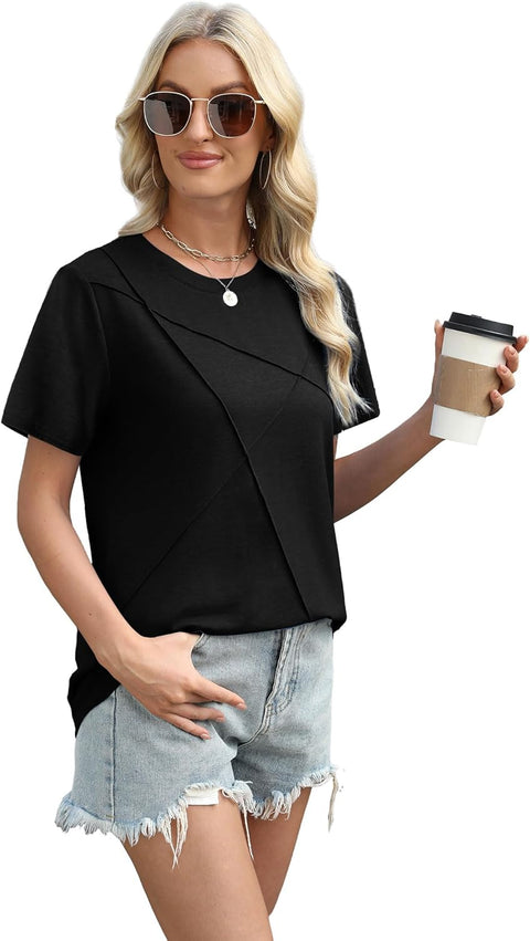 Womens Summer Tops 2025 Pleated round Neck Short Sleeve Shirts Business Casual