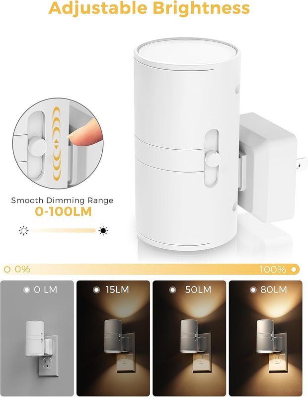 Night Light Plug In, Night Lights Plug into Wall, Light Sensor, 0-100LM, Soft White 3000K, Dimmable Night Light, Modern Nightlight for Hallway Bedroom Stairway, 2 Pack