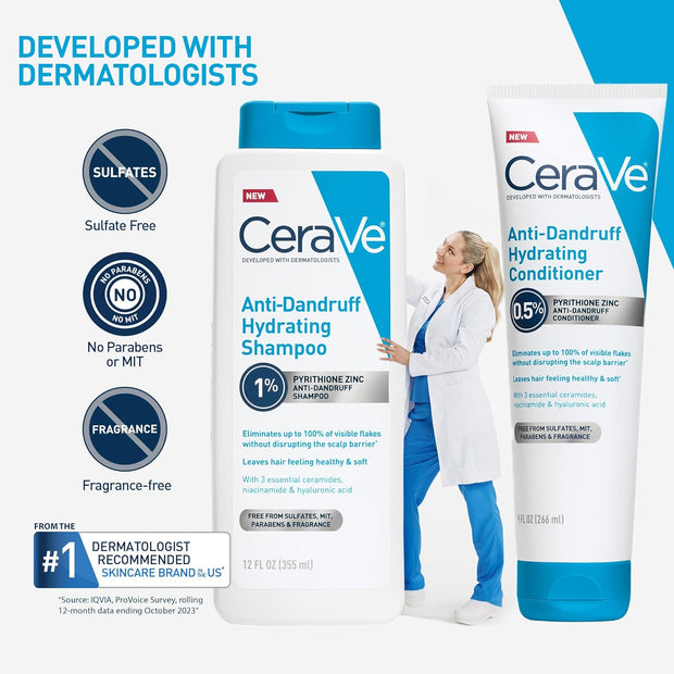 Hydrating anti Dandruff Shampoo, 1% Pyrithione Zinc Dandruff Treatment with Ceramides, Niacinamide & Hyaluronic Acid, Helps Eliminate Flakes & Provides Itchy Scalp Relief, Sulfate Free, 12 Oz