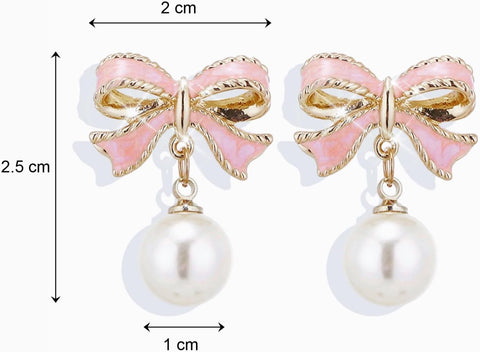 Gold Pearl Bow Earrings for Women Trendy Pink Coquette Drop Stud Ribbon Silver Earrings Dangle Jewelry - Unique Gifts for Wife Preppy Cute Teen Accessories 2025