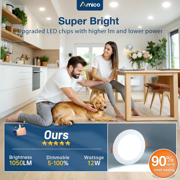 12 Pack 6 Inch 5CCT Ultra-Thin LED Recessed Ceiling Light with Junction Box, 1050LM Brightness, Dimmable Canless Wafer Downlight, 12W, ETL&FCC