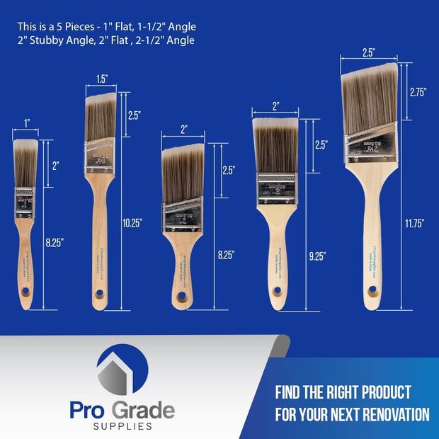 , Paint Brushes, 5-Piece, Paint Brush Set: Flat & Angle Brushes for Latex and Oil Paints, Stains, Interior & Exterior Home Improvement