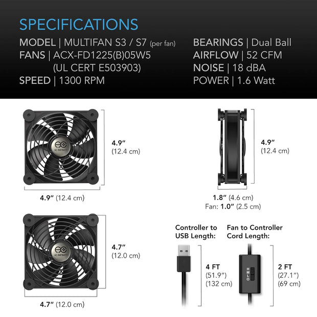 MULTIFAN S7, Quiet Dual 120Mm USB Fan, Ul-Certified for Receiver DVR Playstation Xbox Computer Cabinet Cooling