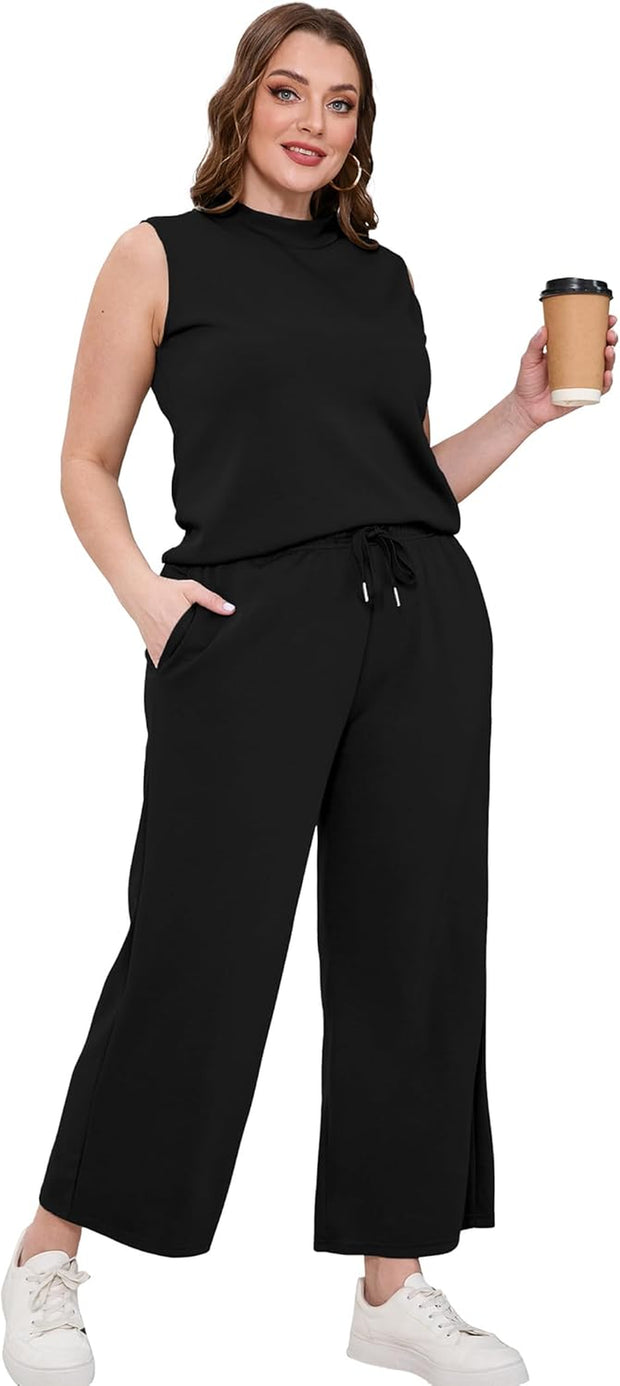 Two Piece Sets for Women Summer Outfits Lounge Sets Mock Neck Tops Wide Leg Crop Pants Vacation Travel Outfits